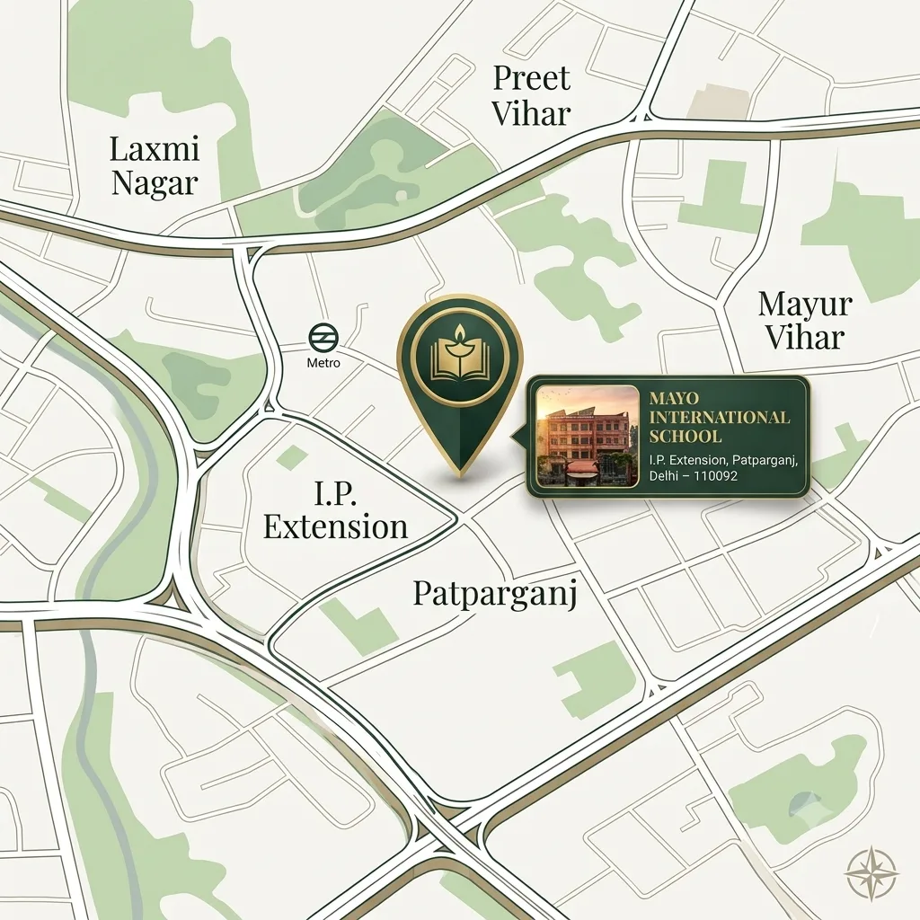 Map showing Mayo International School in I.P. Extension, Patparganj, East Delhi