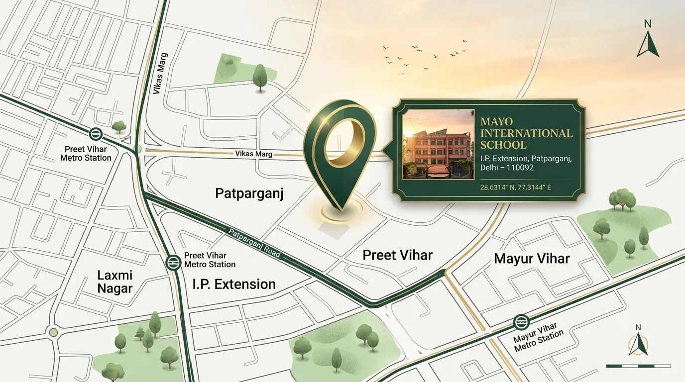 Map showing Mayo International School in I.P. Extension, Patparganj, East Delhi