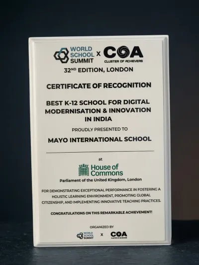 Certificate of Recognition, World School Summit x COA, Best K-12 School for Digital Modernisation & Innovation in India
