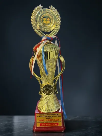 Tall gold trophy with Directorate of Education medallion, Excellence Award 2022-23 2nd Position